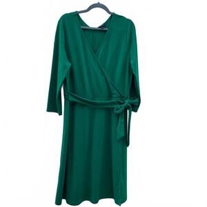 Lands’ End Kelly Green 3/4 Sleeve Knit Faux Wrap Dress | Size 14-16 Tall